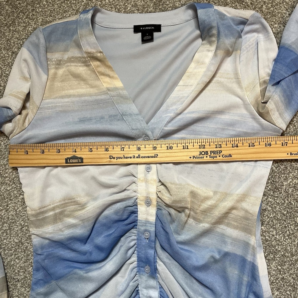 Halogen Women's Ombre Ruched Mesh Button Up Top, Blue/Tan S Y2K Retro - Picture 5 of 5